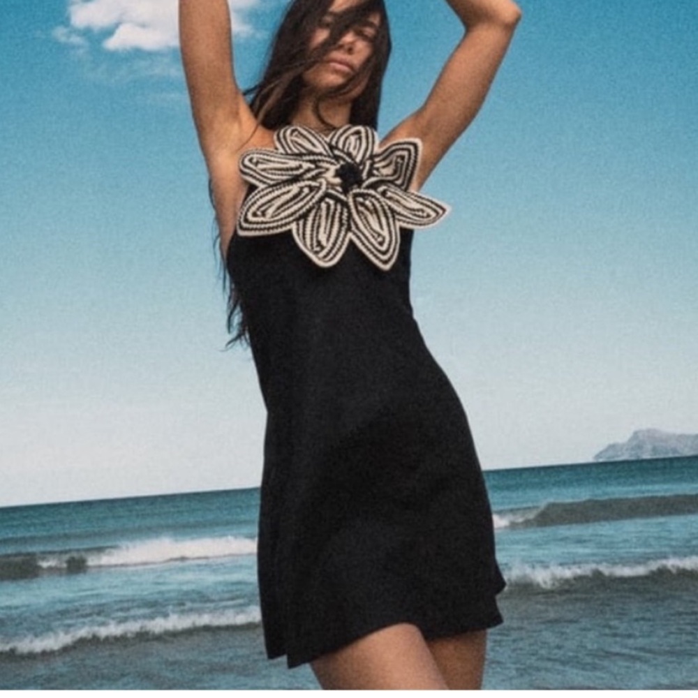 Zara Black Crochet Flower Halter Mini Dress